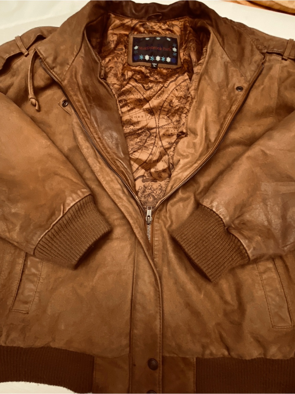 Vintage 90s Brown Leather Bomber Jacket Large Middlebrook Park Map print lining